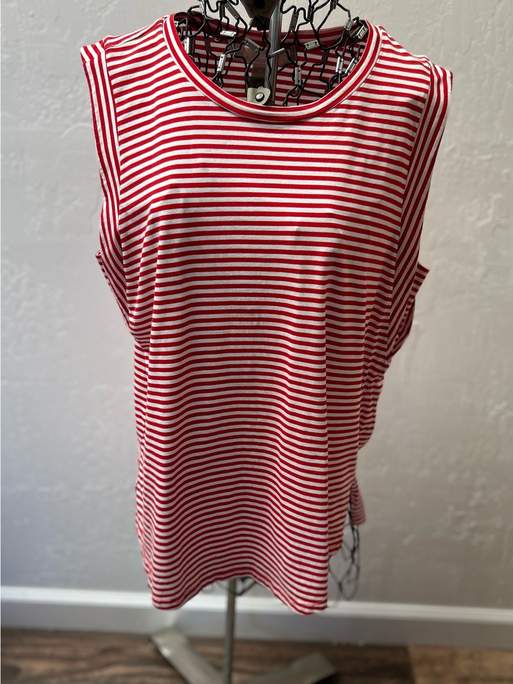 Michael Kors Red White Stripe Sleeveless Top Gold Logo Stretch Knit Large